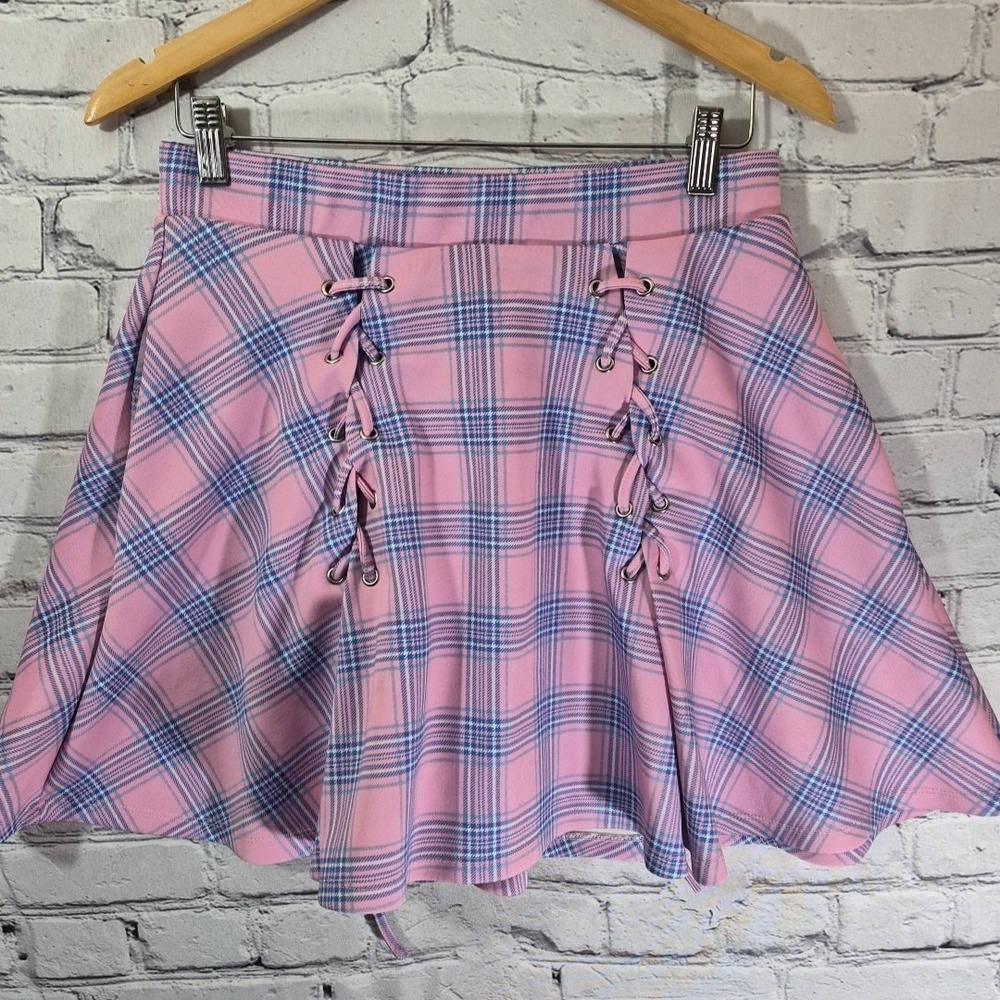 Hot‎ Topic Skirt Womens L Pink Plaid Lace Up Flare Y2K Grunge Goth School Girl